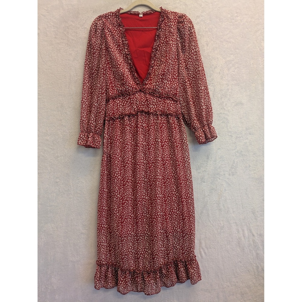 Red Floral Print‎ Midi Dress V Neck Ruffle Long Sleeve Womens Size S